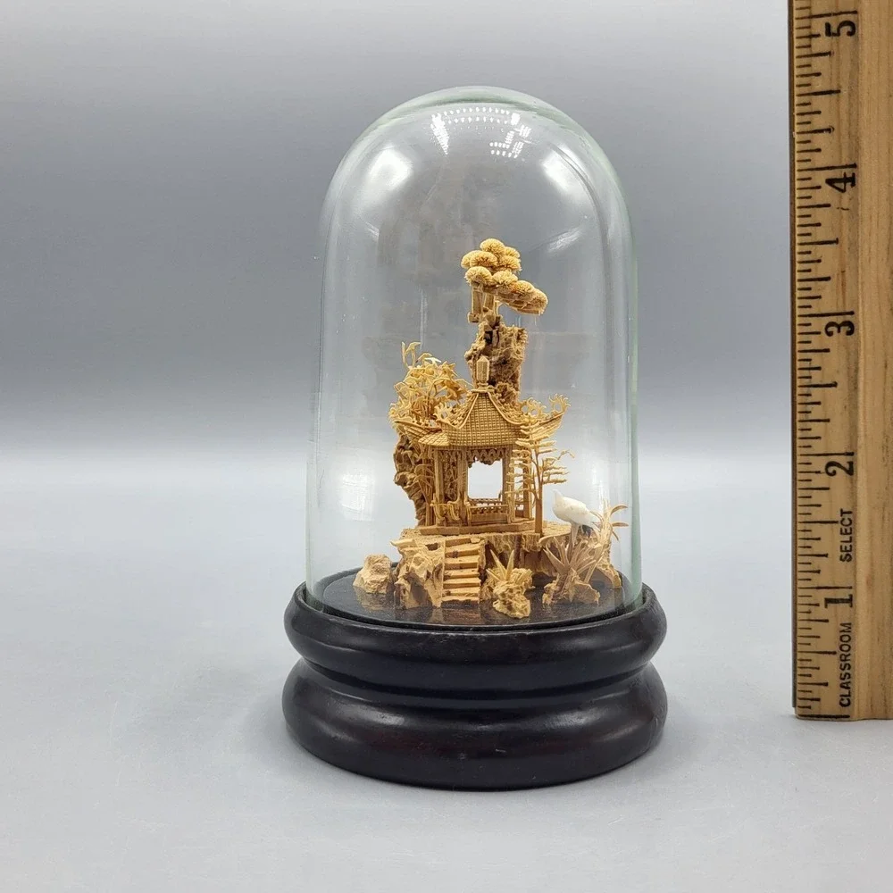 Vtg Chinese Carved Cork Diorama Glass Dome Dark Wood Base Small Shelf Decor READ